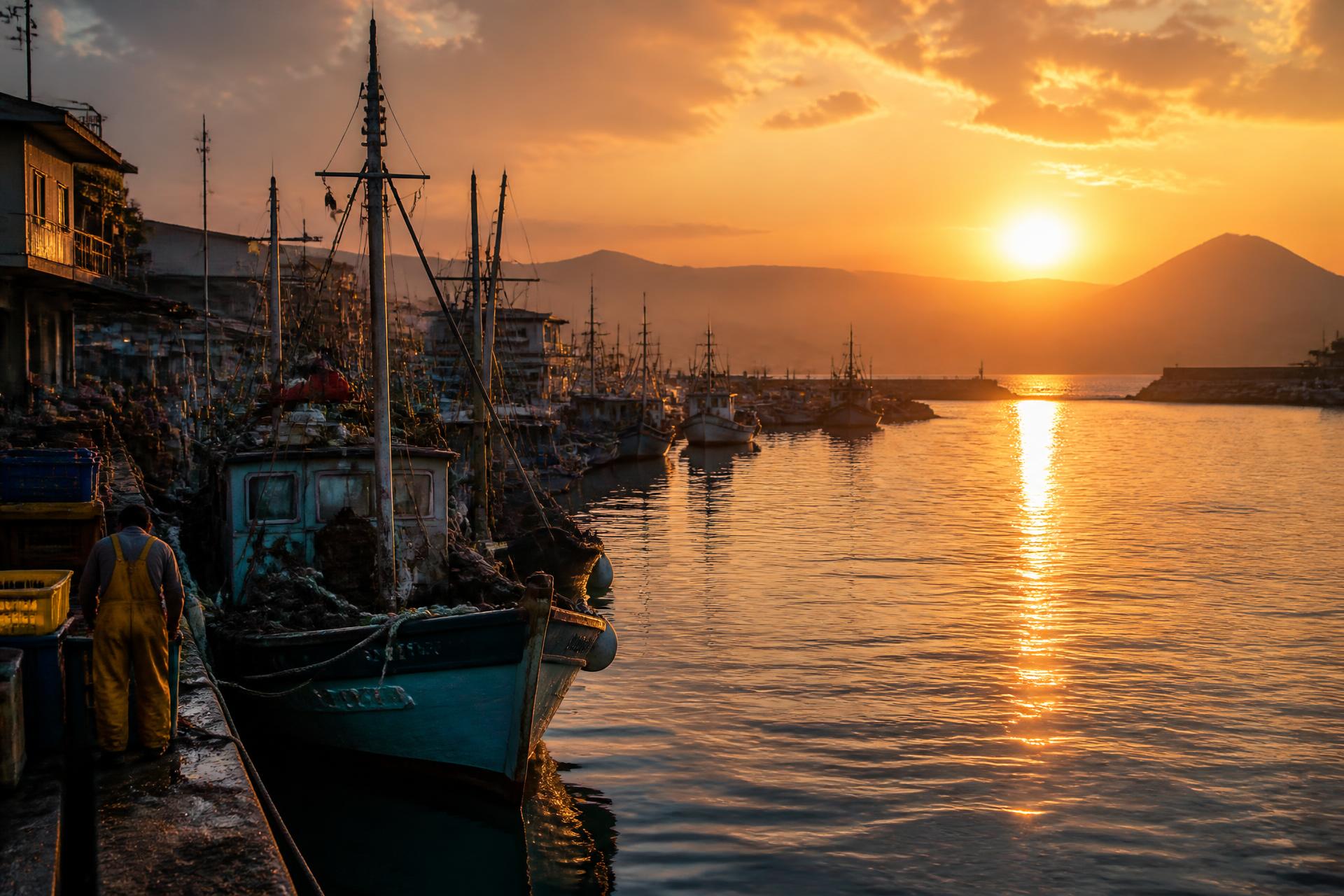 Fishing harbour at sunrise with trawlers moored along the dock